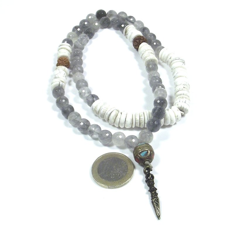 Collana Etnica Japa Mala - quarzo rutilato | conchiglia fossile NAGA - PHURBA – immagine3