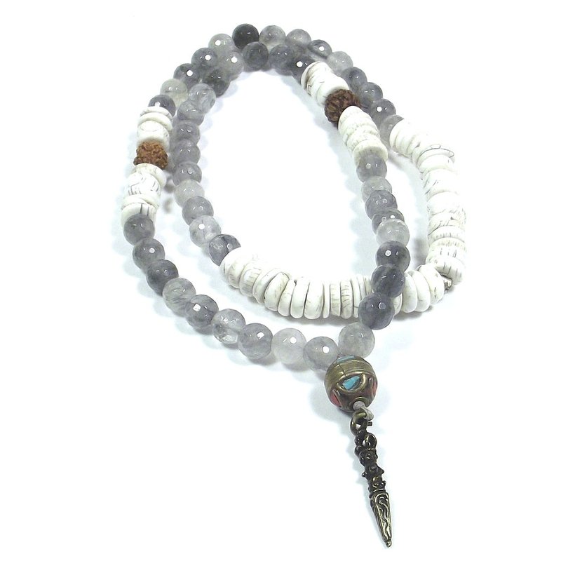 Collana Etnica Japa Mala - quarzo rutilato | conchiglia fossile NAGA - PHURBA