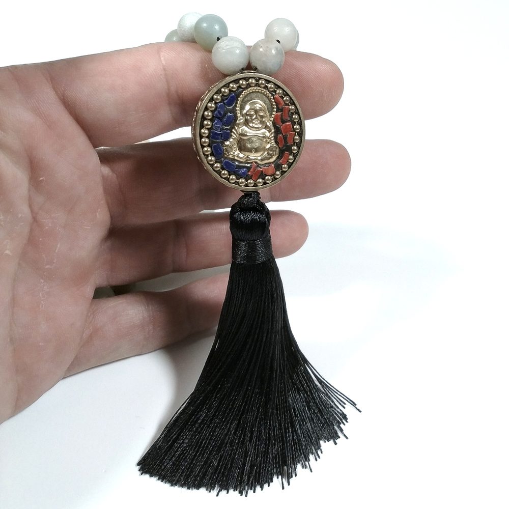 Japa Mala - semi e legno - Agata - Acquamarina GANESH - dettaglio