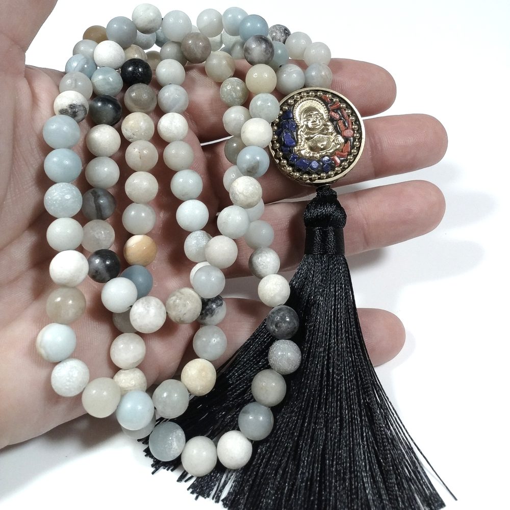 Japa Mala - semi e legno - Agata - Acquamarina GANESH - con pietre