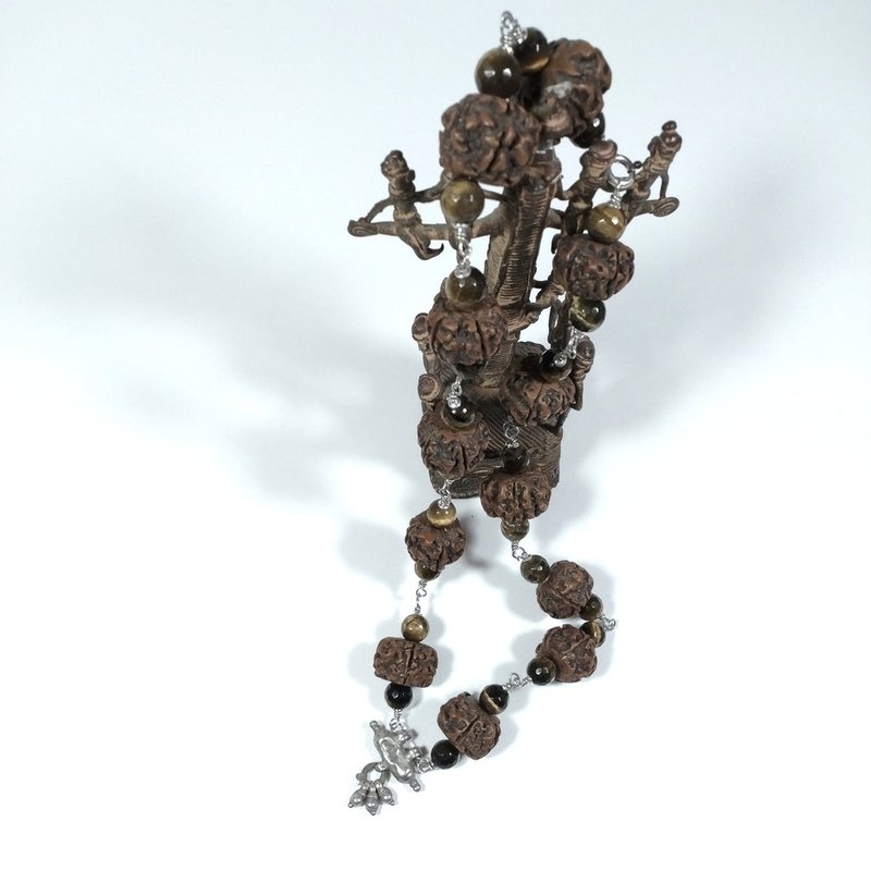 Collana ETNICA in argento 925 Collana artigianale Occhio di Tigre, Rudraksha - JAPAMALA