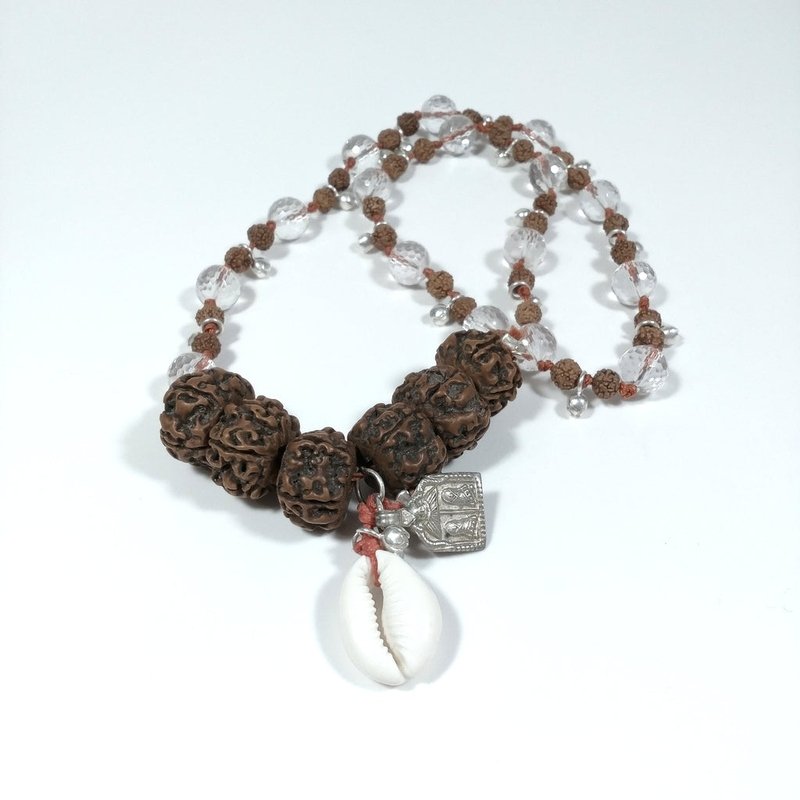 Collana etnica Japamala in argento 925 con cristallo di rocca - Rudraksha