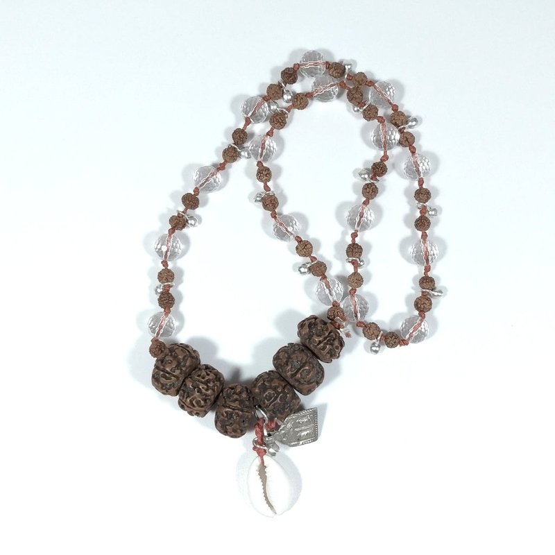Collana ETNICA in argento 925 Japamala con cristallo di rocca e Rudraksha