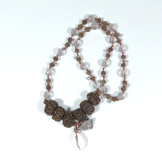 Collana ETNICA in argento 925 Japamala con cristallo di rocca e Rudraksha