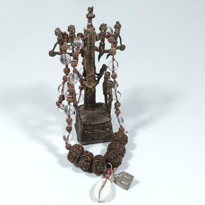 Collana etnica in argento 925 artigianale Cristallo di rocca, Rudraksha, conchiglia