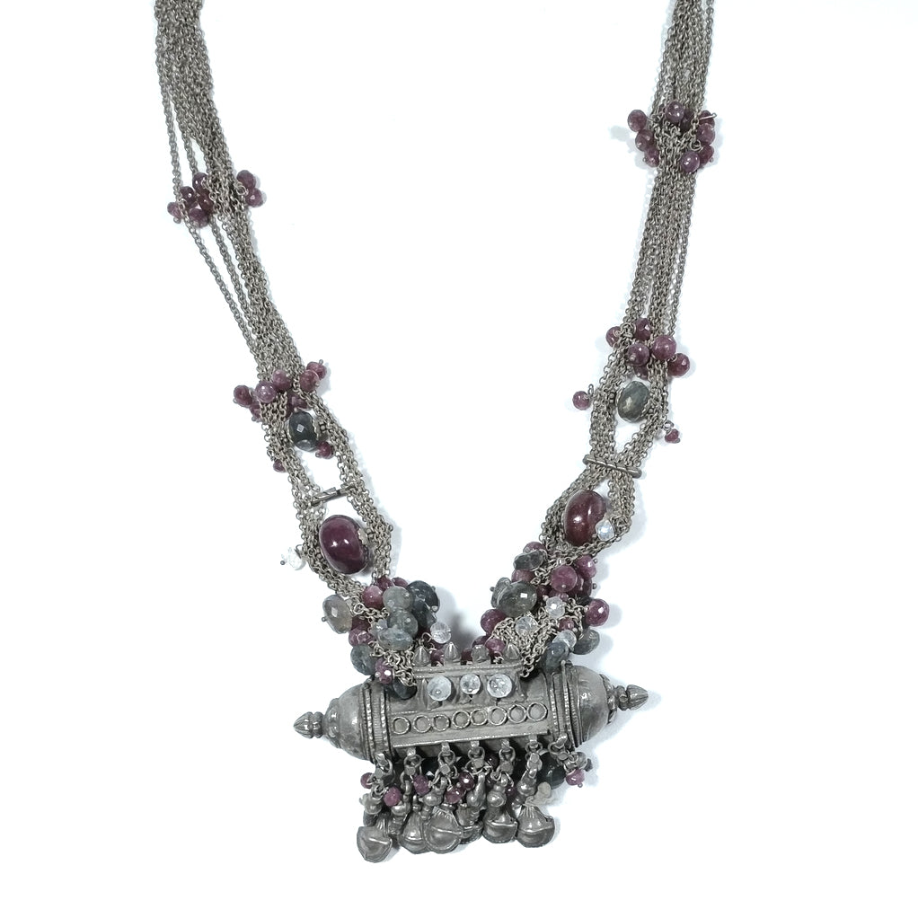 Collana ETNICA argento antico e RUBINO, PIETRA di LUNA | Gioielli etnici INDIA – immagine10