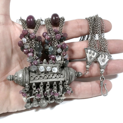 Collana ETNICA argento antico e RUBINO, PIETRA di LUNA | Gioielli etnici INDIA – immagine4