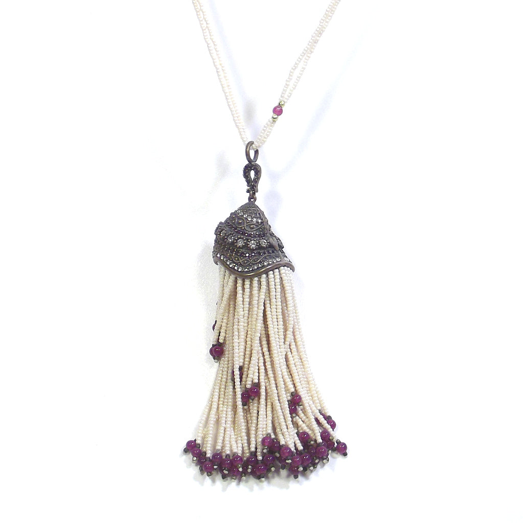 COLLANA ETNICA perle agata rubino e zircone in BRONZO – pendente