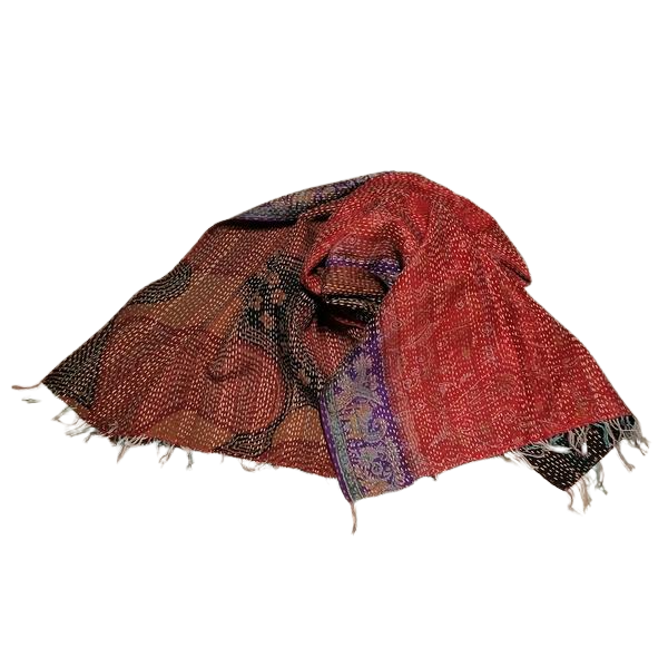 Sciarpa KANTHA con tessuti vintage misto seta ricamo a mano ocra-rosso