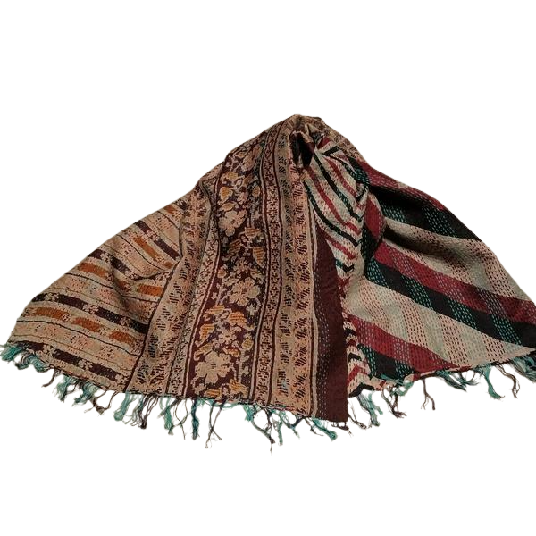 Sciarpa KANTHA con tessuti vintage misto seta ricamo a mano beige-bordeaux