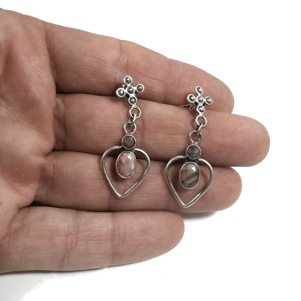 ORECCHINI etnici in argento 925 con corindone rosa (RUBINO)| Orecchini da lobo