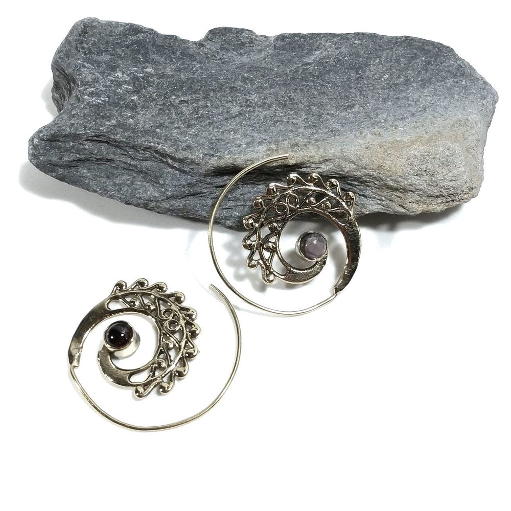 ORECCHINI ETNICI Ottone lucido ORECCHINI Ametista | SPIRALE | BOHO style