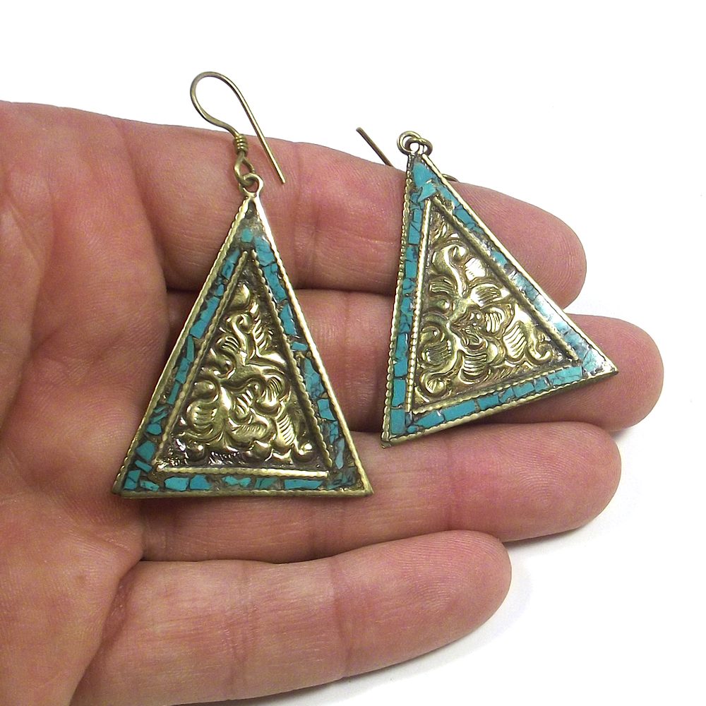 Orecchino ETNICO in ottone a triangolo - turchese