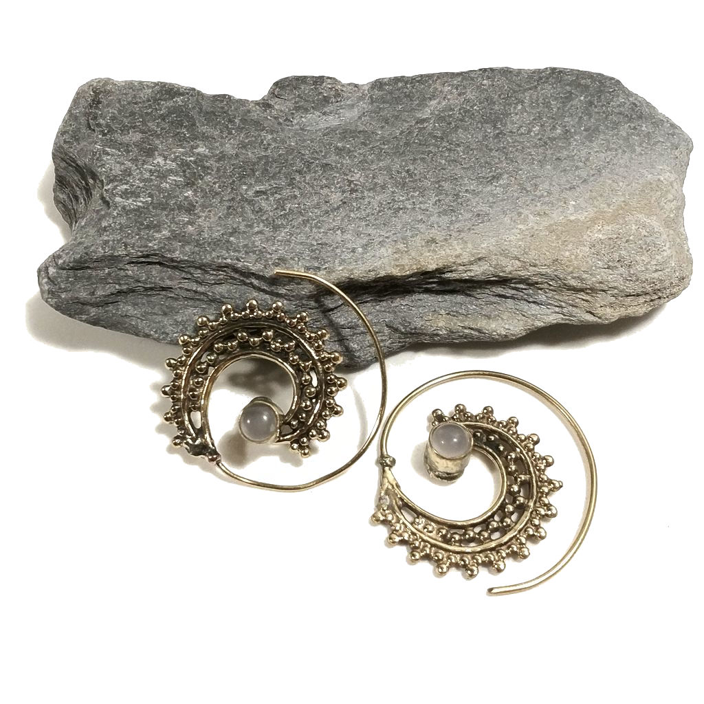 ORECCHINI ETNICI Ottone lucido ORECCHINI Pietra di luna | SPIRALE | BOHO style