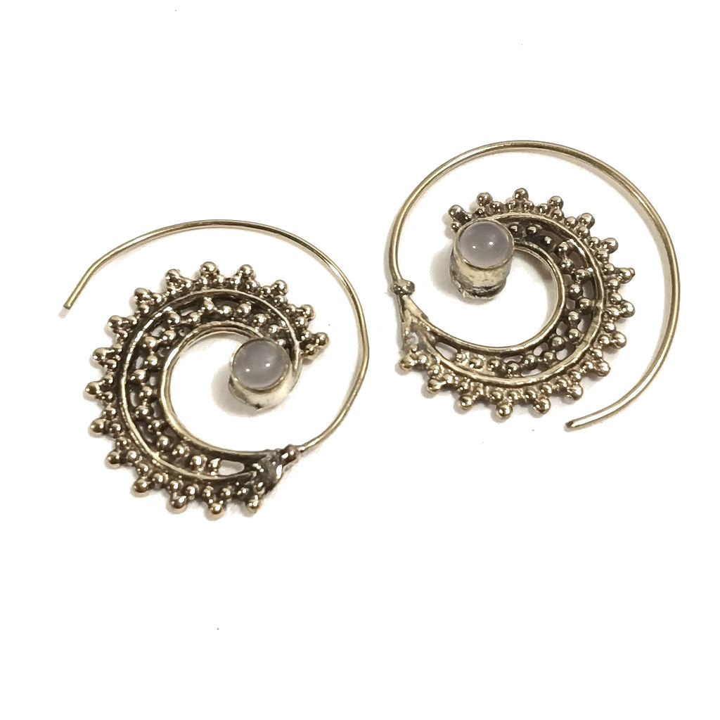 ORECCHINI ETNICI Ottone lucido ORECCHINI Pietra di luna | SPIRALE | BOHO style