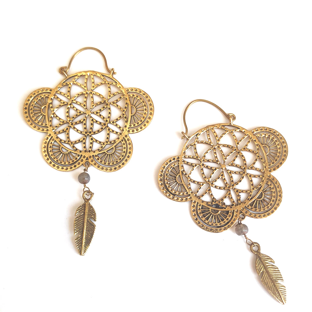 ORECCHINI ETNICI Ottone lucido Orecchini artigianali | Fiore della Vita