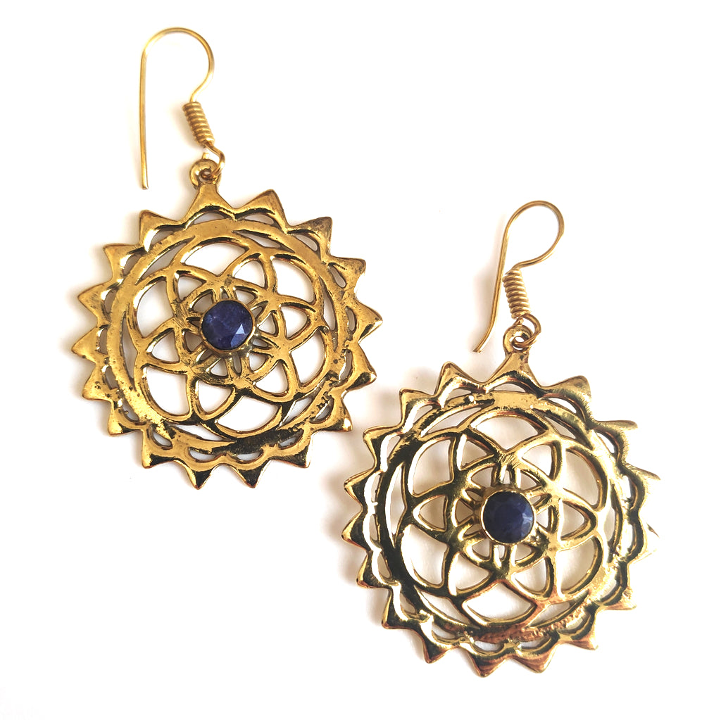 ORECCHINI ETNICI Ottone lucido Orecchini artigianali Lapislazzuli | Fiore della Vita