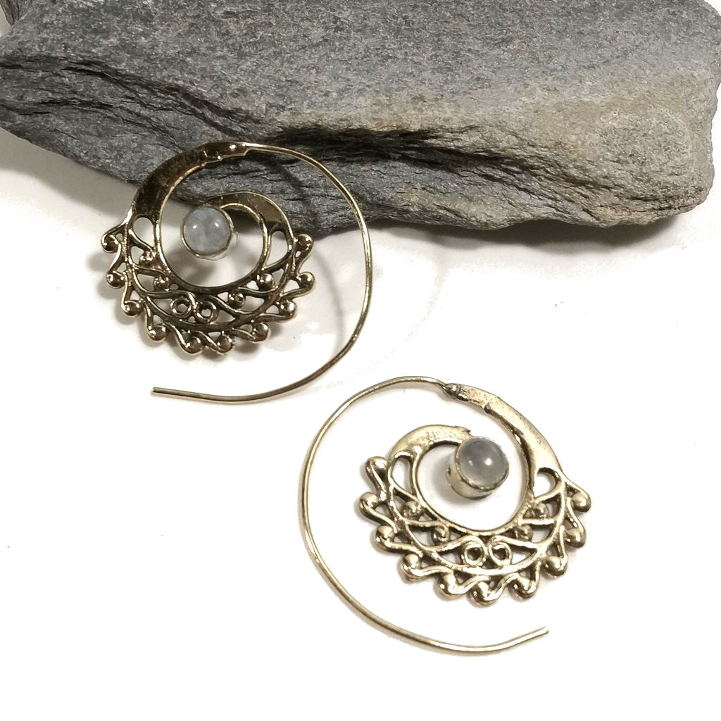 ORECCHINI ETNICI Ottone lucido ORECCHINI Pietra di luna | SPIRALE | BOHO style