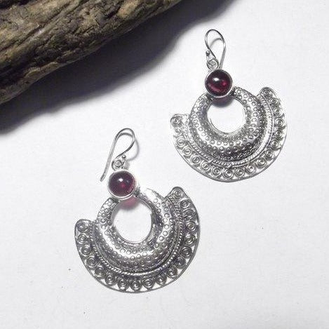 ORECCHINI etnici in argento 925 ventaglio - granato