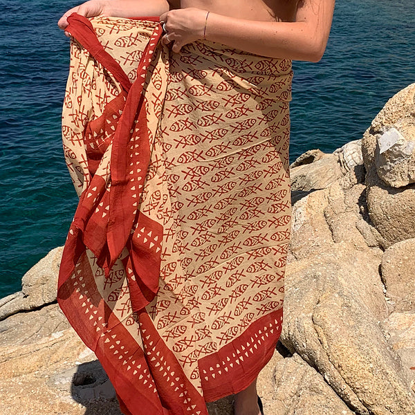 Pareo | Sciarpa artigianale in cotone con ornamenti Pesci