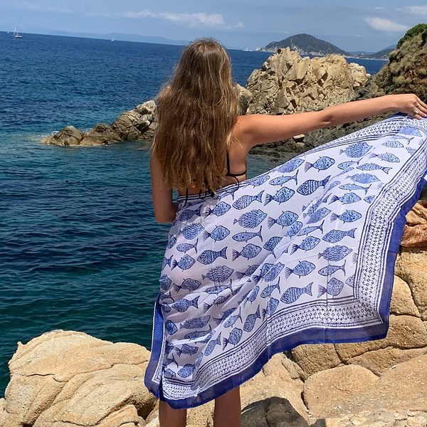 Pareo | Sciarpa artigianale in cotone con Pesci | Telo da mare