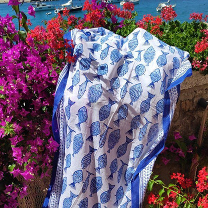 Pareo | Sciarpa artigianale in cotone con Pesci | Telo da mare