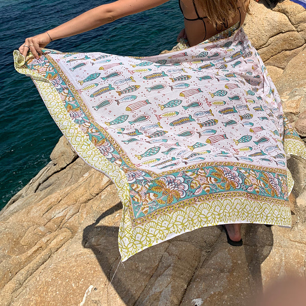 Pareo - Sciarpa artigianale in cotone con Pesci -Telo da mare