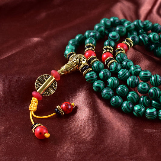 Japamala in MALACHITE 8 mm - Rosario tibetano di BUON AUSPICIO